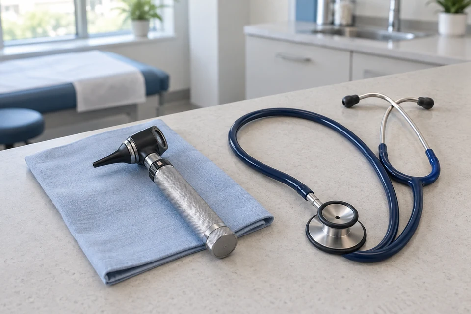 Illustration of an otoscope and a stethoscope on a clinical counter.