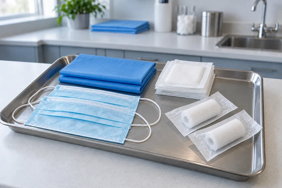 Illustration of disposable masks, sealed gauze, two packaged rolled bandages and folded blue drapes.