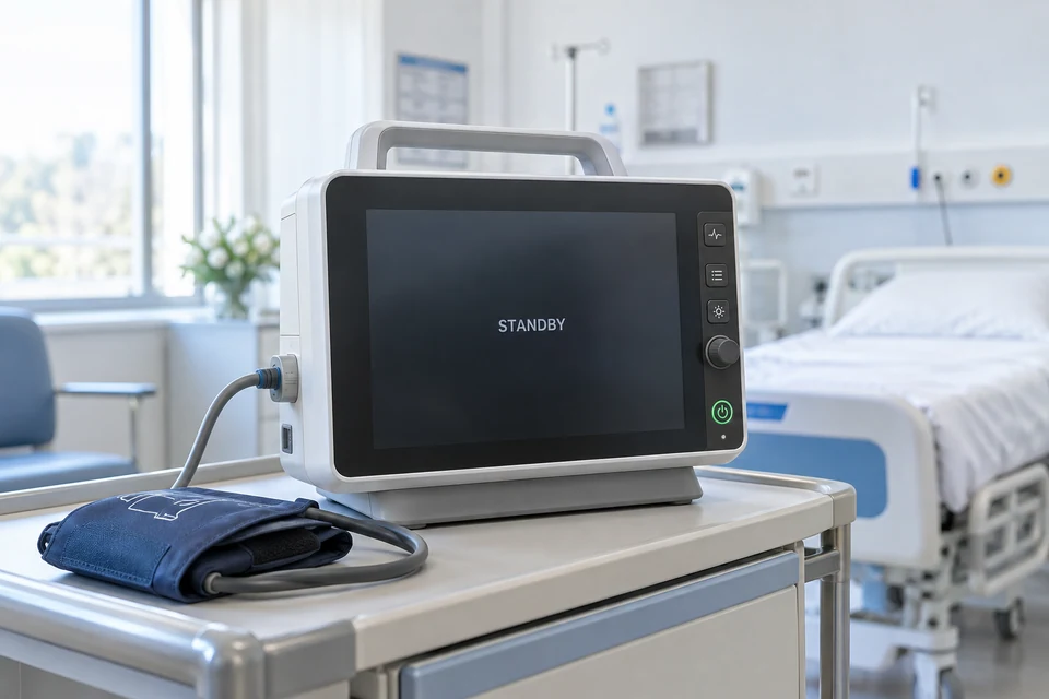 Illustration of a bedside patient monitor in standby mode beside a blood pressure cuff.