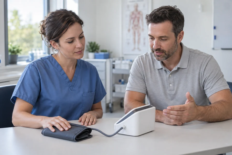 Illustration of two professionals discussing a blood pressure cuff and device.