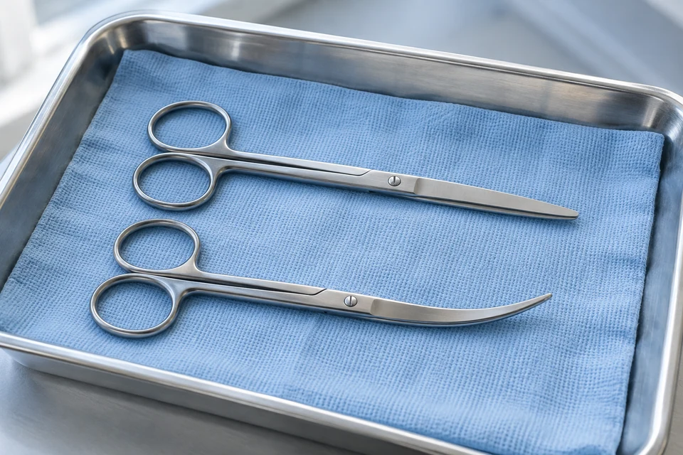 Illustration of two pairs of closed stainless-steel surgical scissors on a blue drape.
