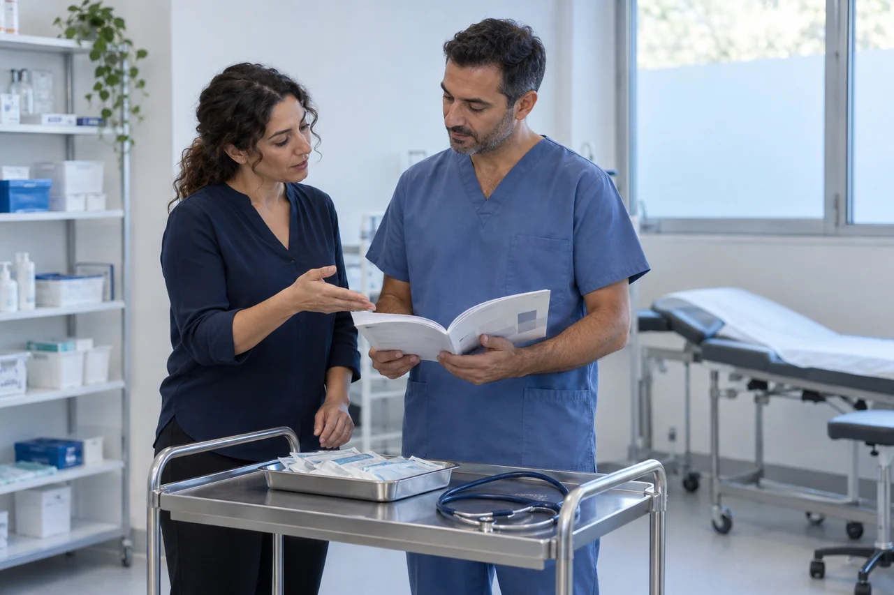 Illustration of two professionals reviewing a printed guide beside medical supplies.