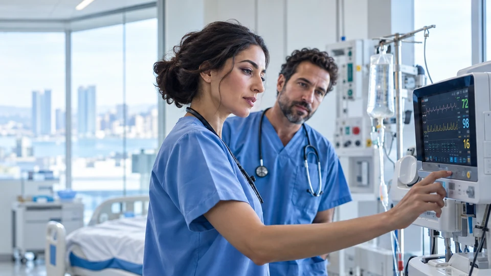 Illustrative scene of two clinicians reviewing a medical monitor