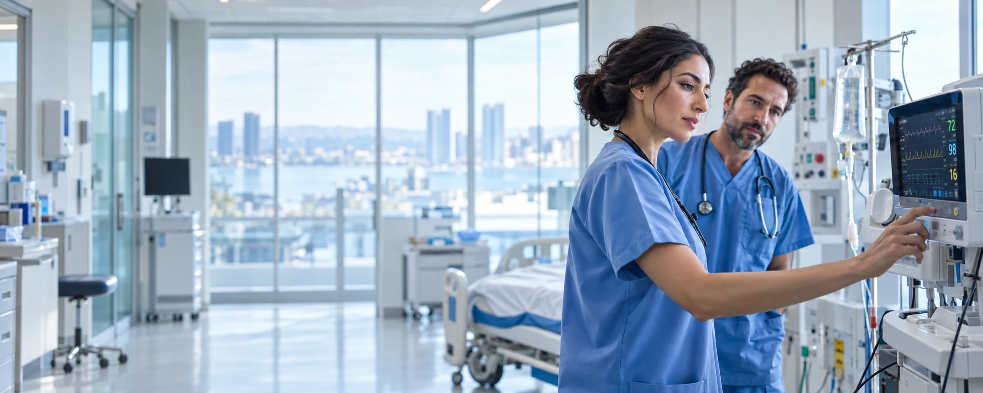 Illustrative scene of two clinicians reviewing a medical monitor